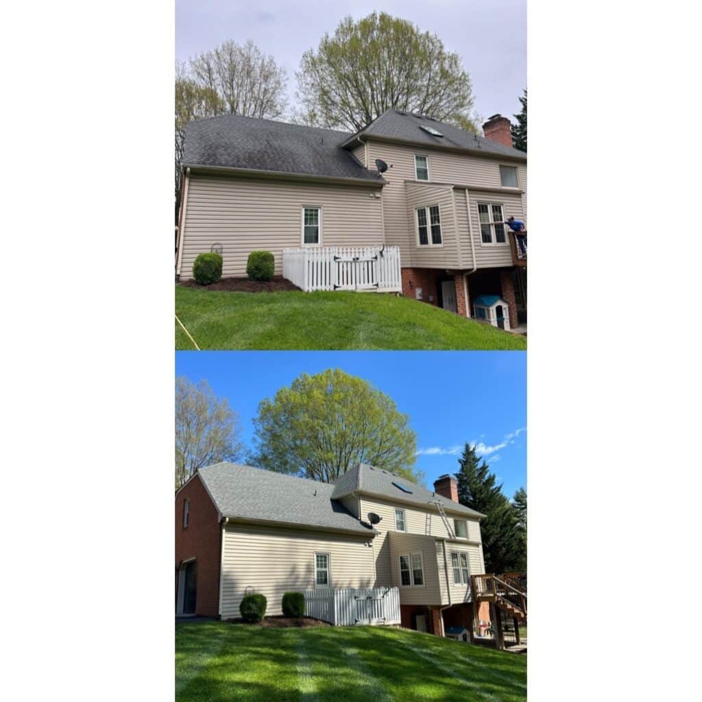 Before and after. roof cleaning Roanoke VA, black streaks roof algae Virginia,